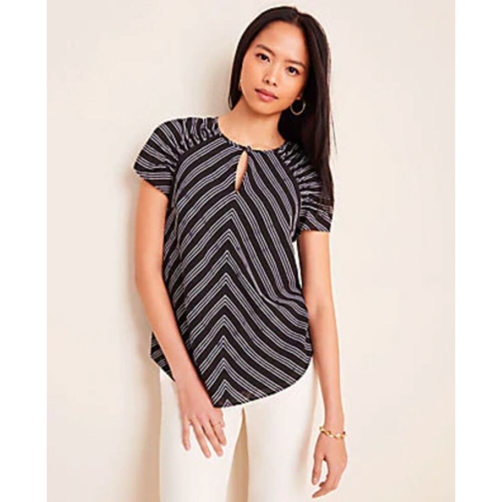 Ann Taylor Stripe Smocked Sleeve Top Black White Size Large